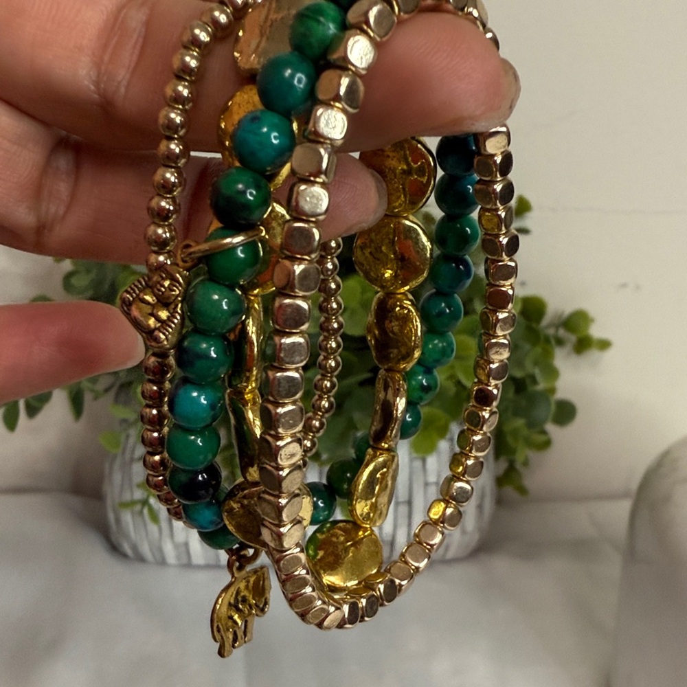 Stackable Chrysocolla and Gold Color Metal Beads and Charms Bracelet Set of 3
